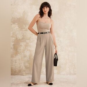 NWT OGL Tencel-Linen Pants Wrinkle-Free Tucked Wide Leg Trouser - Deep Oatmeal